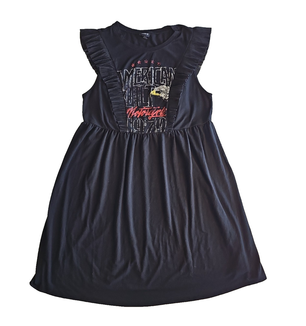 Torrid Size 1 Black American Outlaw Motorcycle Graphic Fit Flare Ruffle Dress